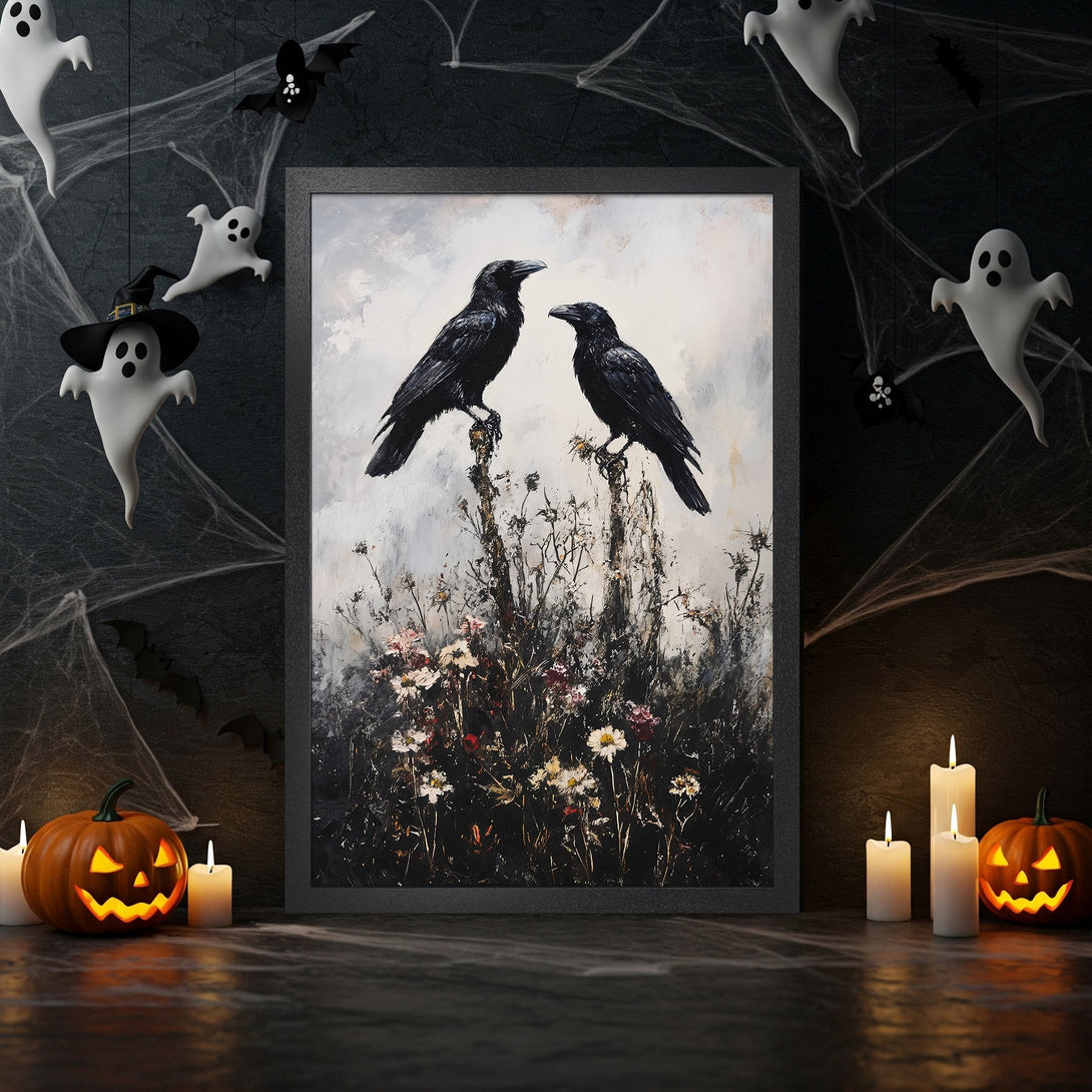 Framed Poster featuring two black ravens in a moody, impressionistic style with a dark, autumnal color palette, perfect for Halloween decor.