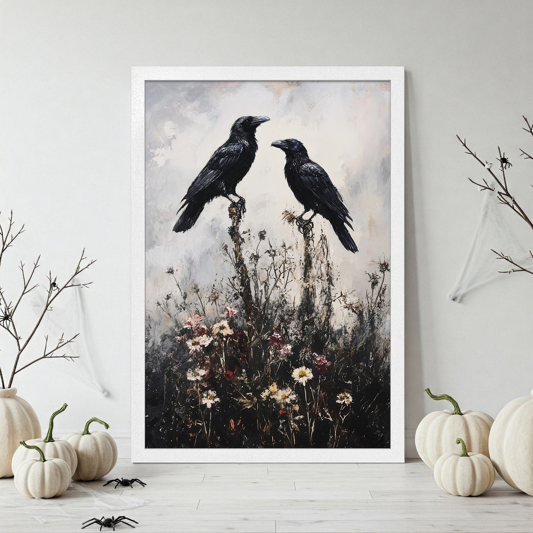 Framed Poster featuring two black crows on a floral background. Dark, moody artwork in a neutral color palette, perfect for Halloween decor.