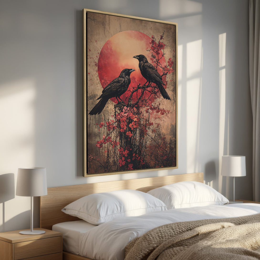 Framed Wall Art: Two ravens perched on a branch against a red sun. Japanese-inspired artwork with a warm, earthy color palette. Perfect bedroom decor.