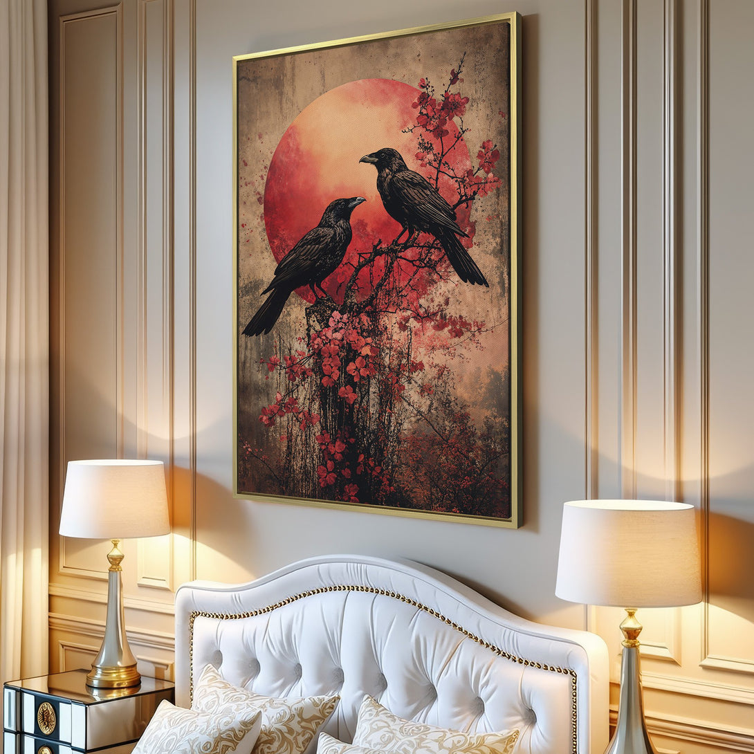 Canvas Print featuring two crows on a branch with a red sun, artistic style. Earthy tones with pops of red create a stunning wall art piece.