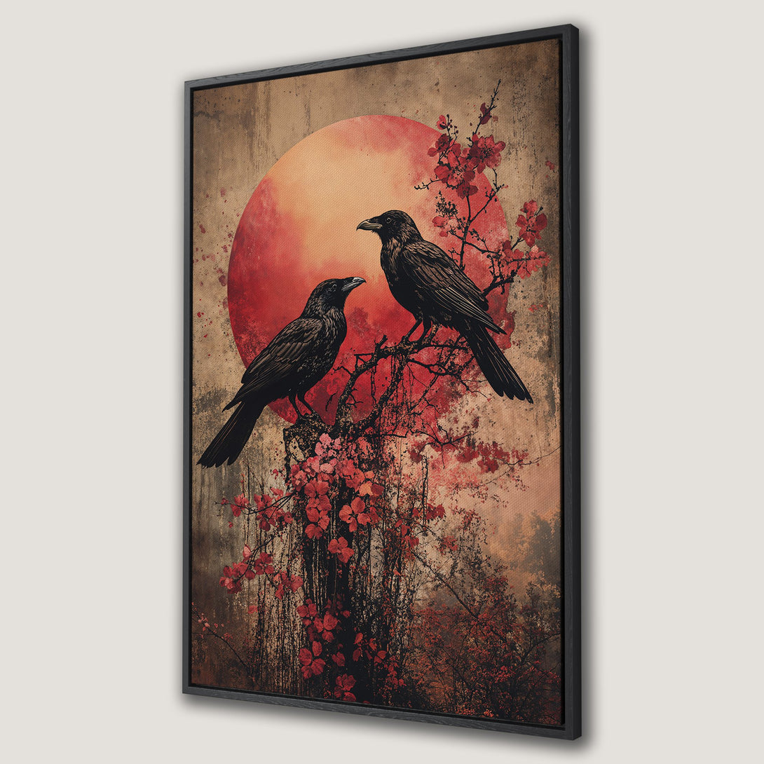 Framed Wall Art featuring two black ravens perched on a branch with red flowers against a red sun, in a vintage style with warm, earthy tones.