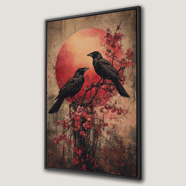 Framed Wall Art featuring two black ravens perched on a branch with red flowers against a red sun, in a vintage style with warm, earthy tones.