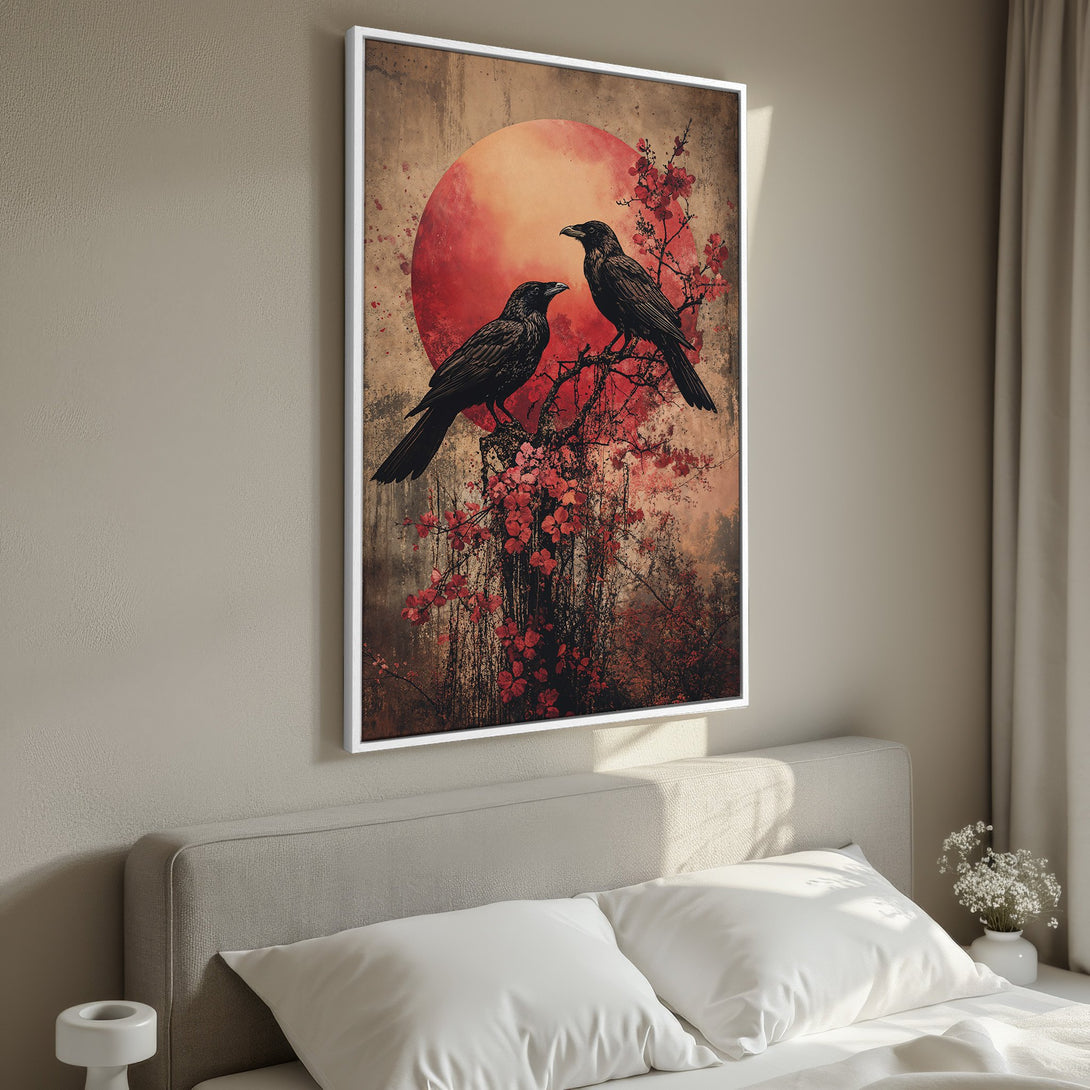 Framed Wall Art featuring two black ravens on a branch with red blossoms against a red sun. Earthy tones and a touch of mystery. Perfect for any room.
