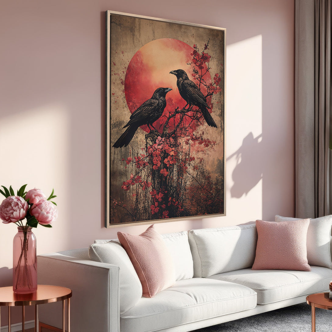 Framed Wall Art featuring two crows on a branch with a red sun, in a vintage style with a warm, earthy color palette. Perfect for living room decor!