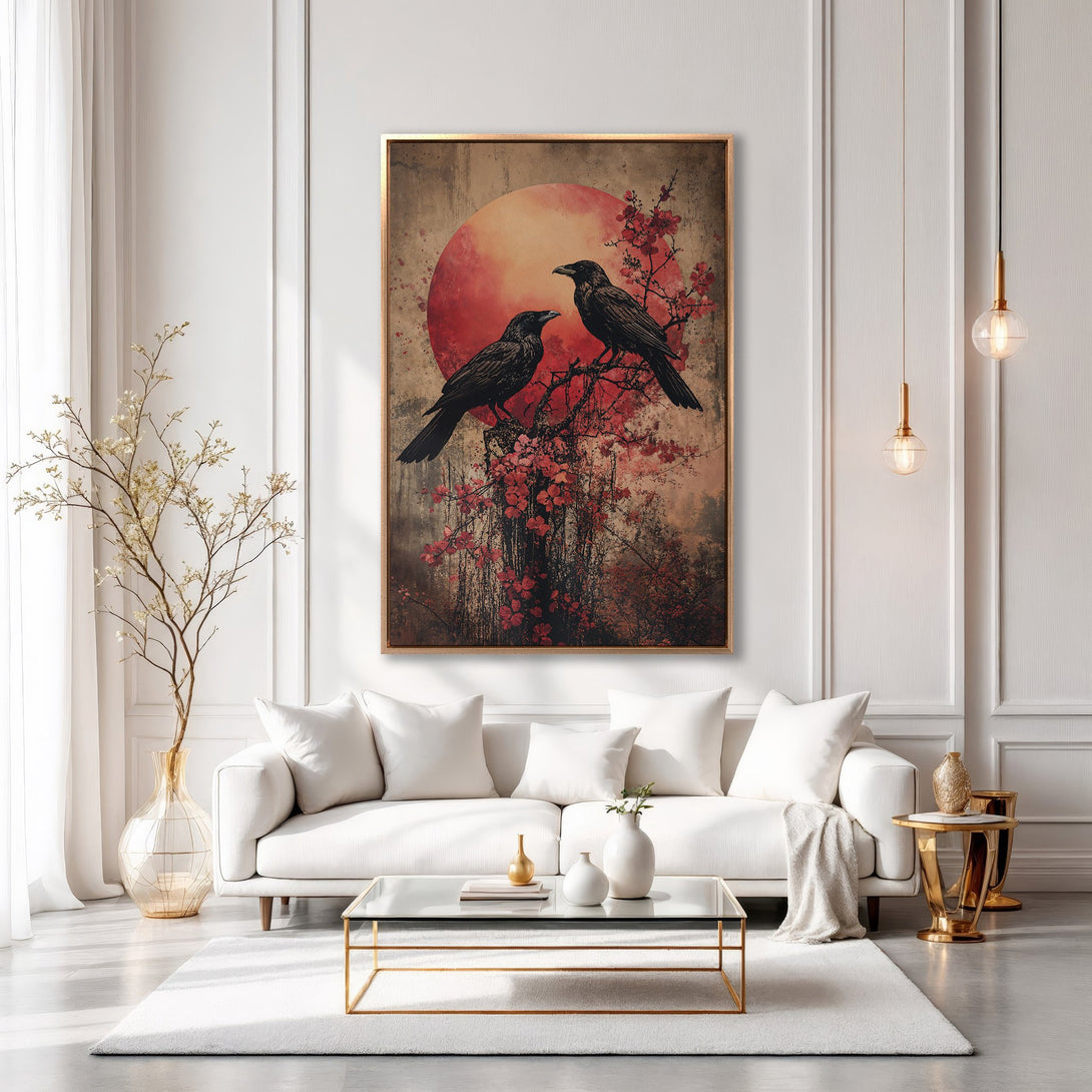 Framed Wall Art featuring two black ravens on a branch with a red sun, in a vintage style. Warm red and brown color palette. Perfect for living room decor.