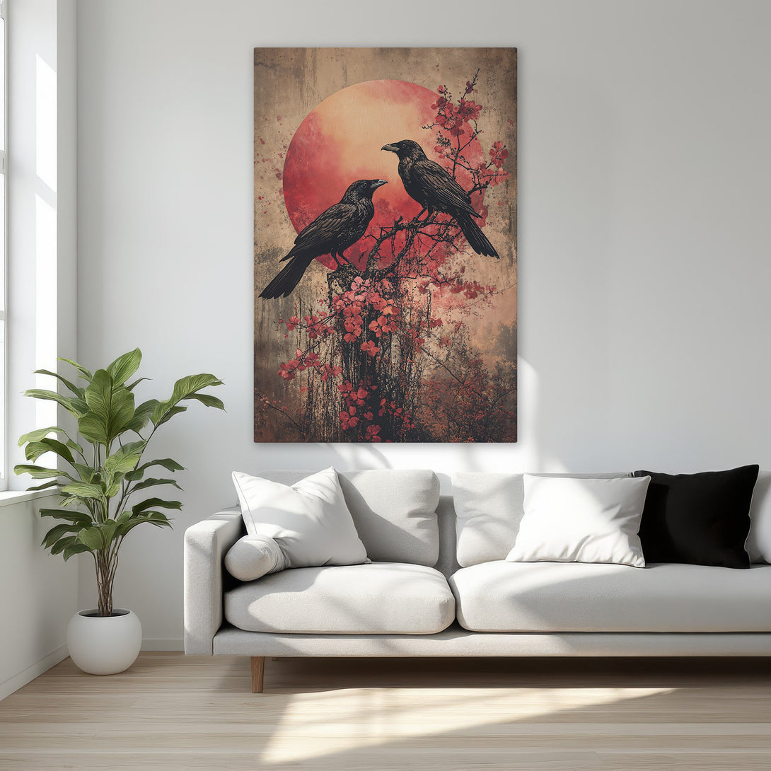 Framed Wall Art featuring two black crows on a branch with a red sun backdrop.  Elegantly styled, with a warm, earthy color palette. Perfect for home decor.