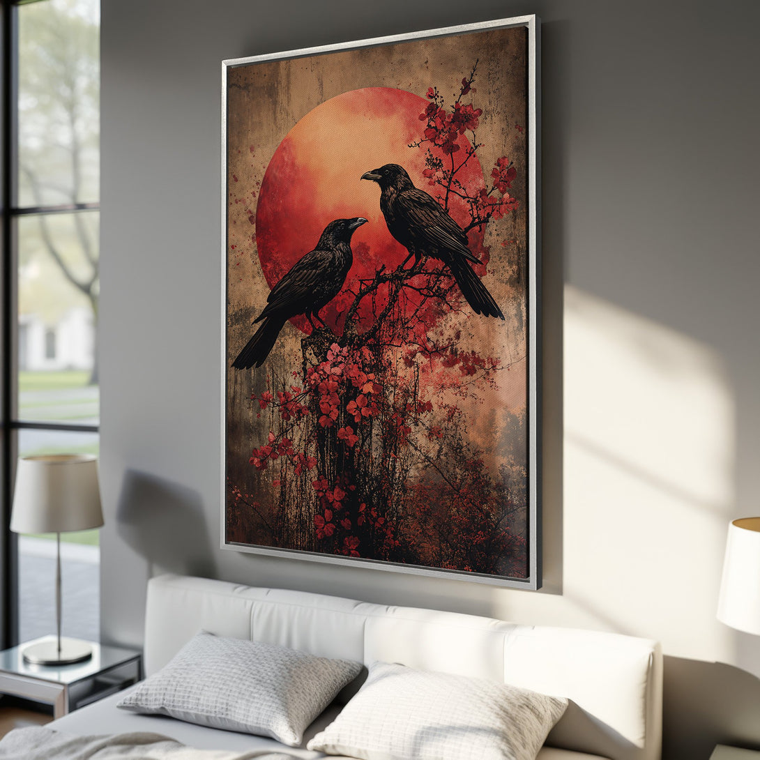 Framed Wall Art featuring two black ravens on a branch with a red sun, in a Japanese-inspired style with a red, black, and brown color palette.