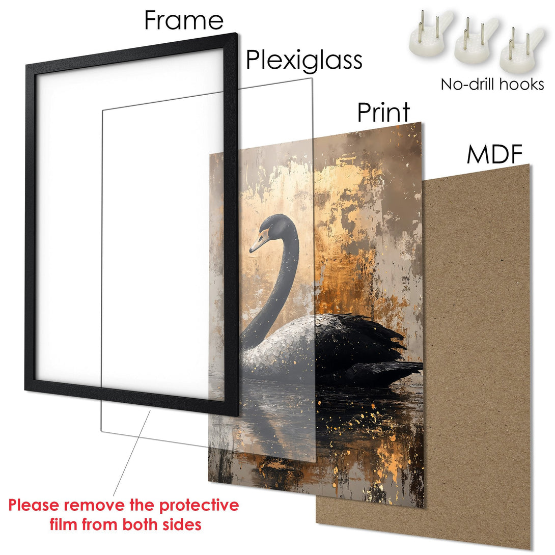 Framed Poster featuring a majestic hawk against a sunset. Rustic style with warm orange, brown, and black color palette. Perfect wall art!