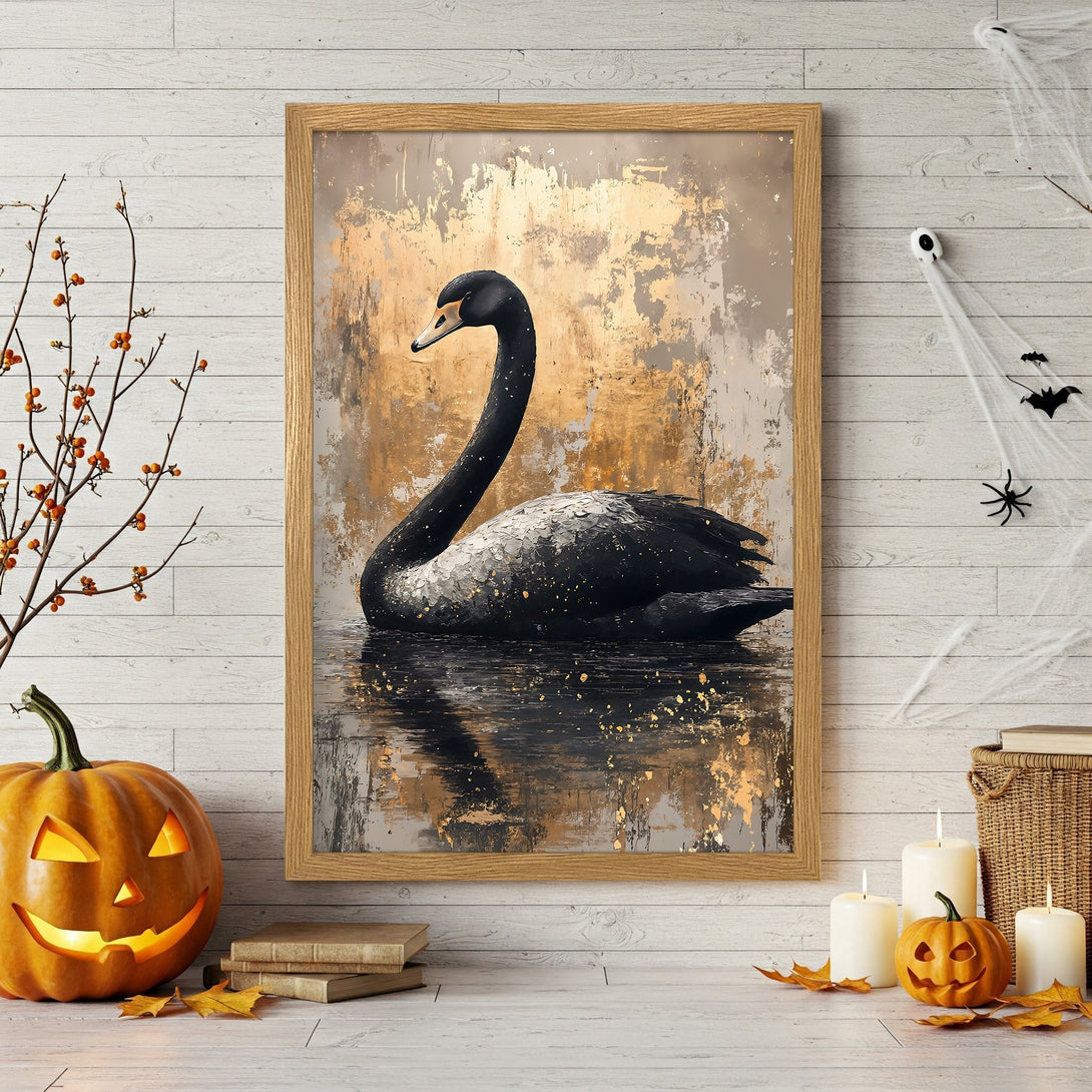 Framed Poster of a majestic falcon in an abstract style, with a warm orange and brown color palette. Perfect Halloween decor!