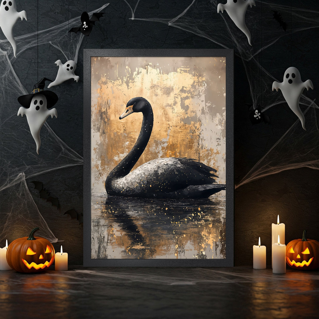 Framed Poster featuring a majestic hawk in a Halloween-themed, abstract style with orange and black color palette. Perfect wall art!