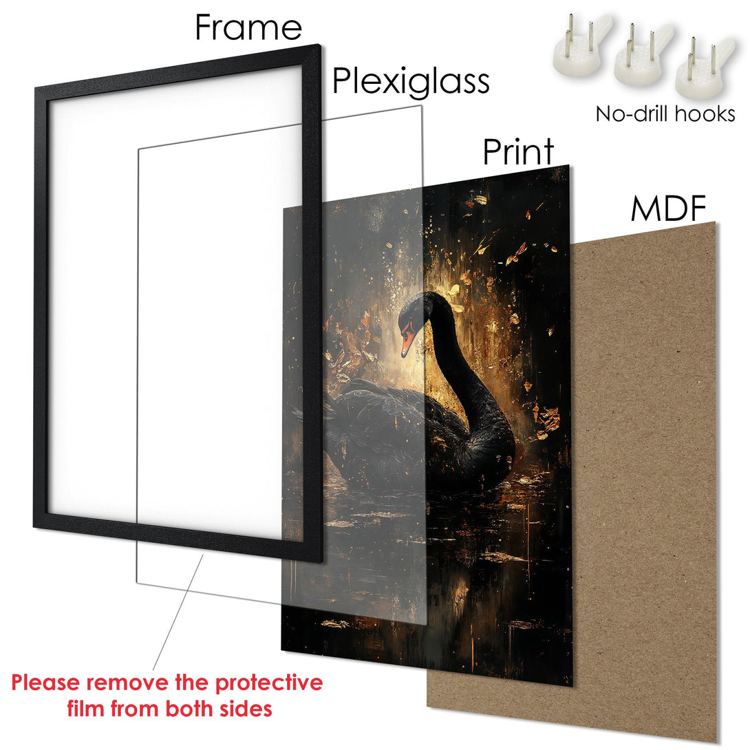 Framed Poster featuring a black swan in a dark, artistic style with a gold and black color palette. Perfect wall art!