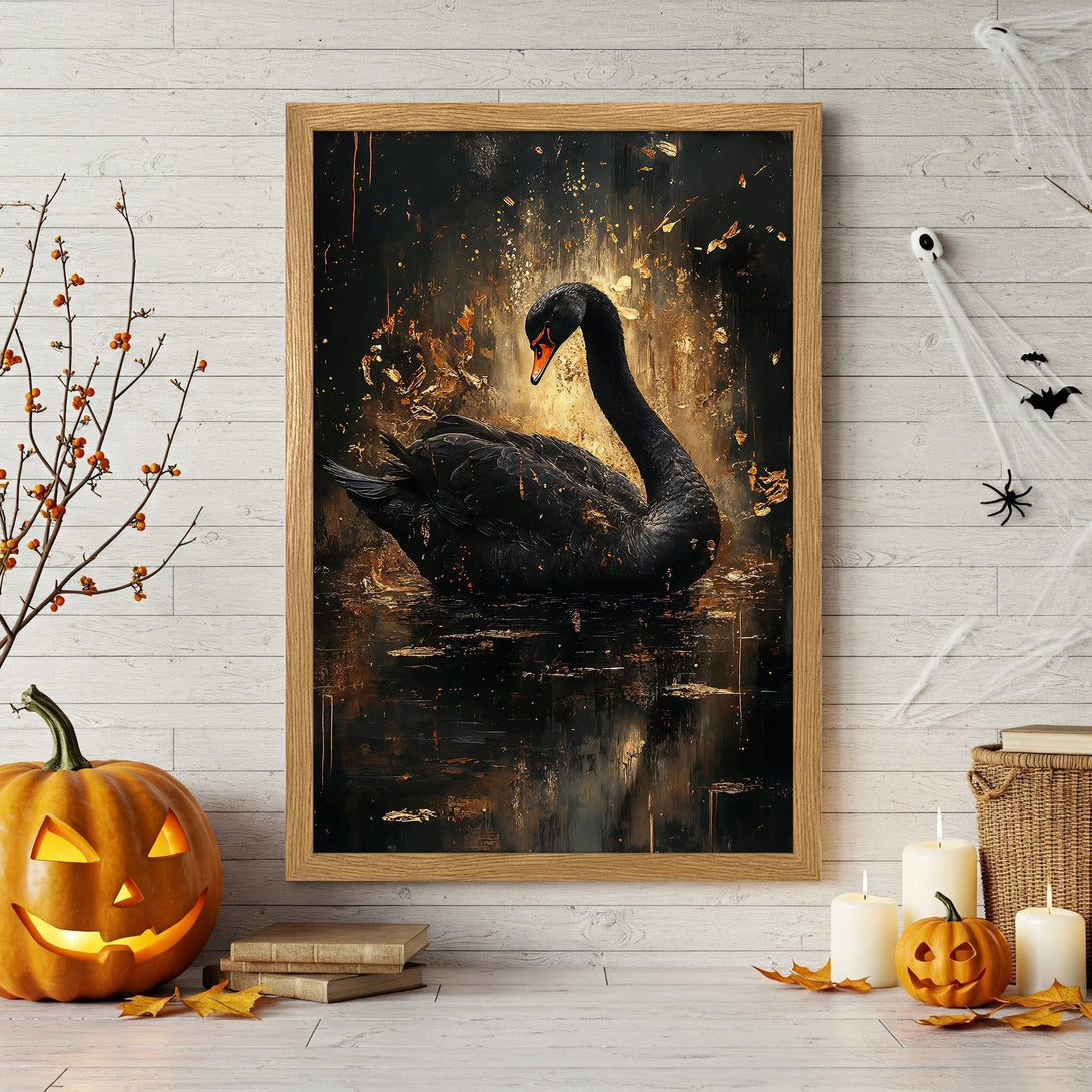Framed Poster featuring a black swan in a dark, artistic style with a gold and black color palette, perfect for Halloween decor.