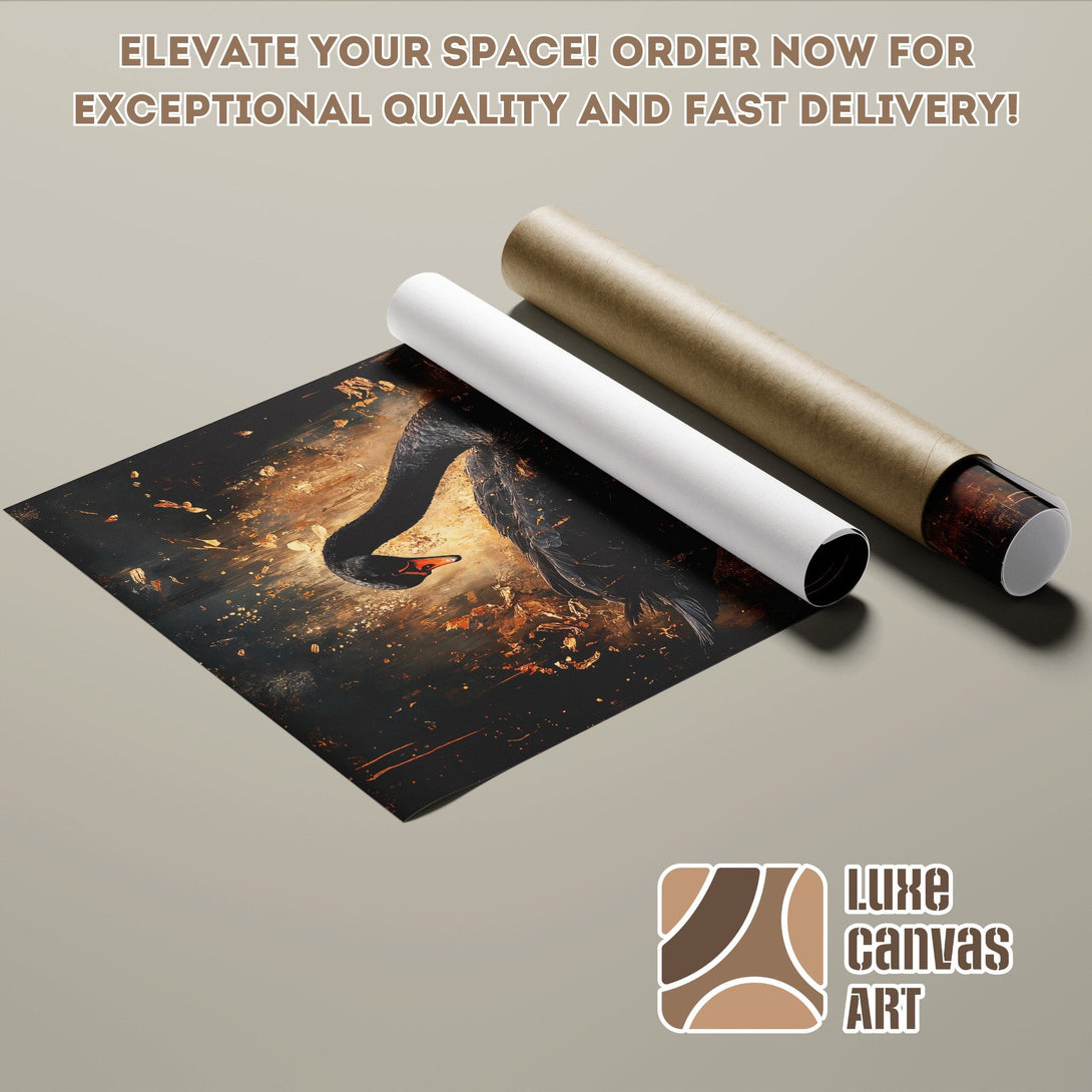 Black Swan Poster Roll, artistic style, dark & gold color palette. Elevate your space with Luxe Canvas Art!