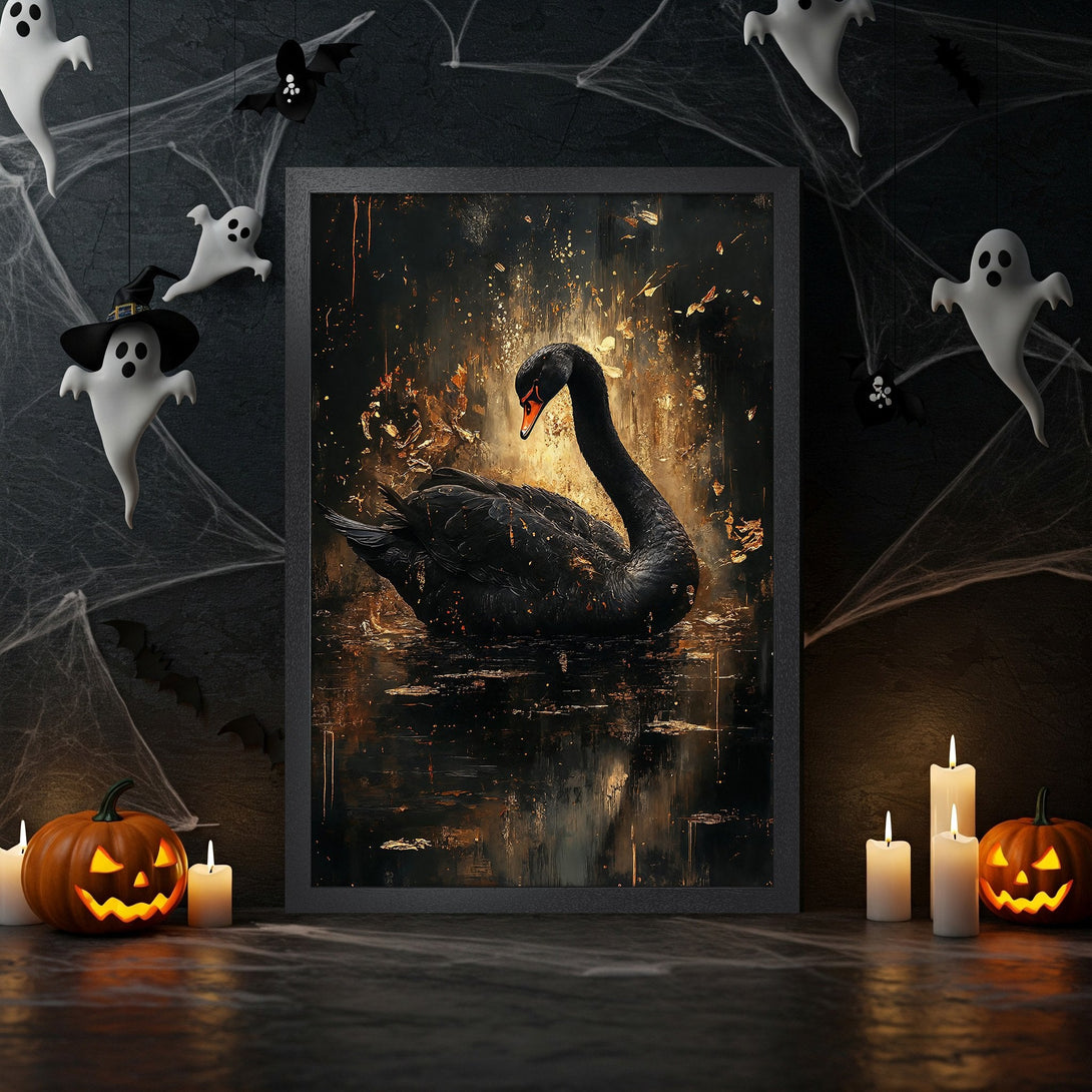 Framed Poster featuring a black swan in a dark, abstract style with a gold and black color palette, perfect for Halloween decor.