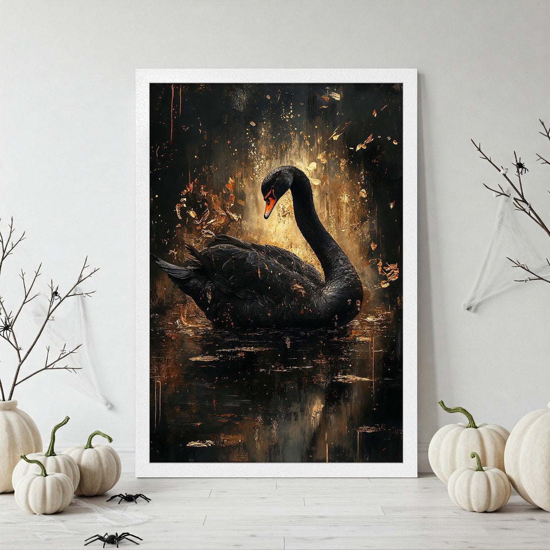Framed Poster featuring a black swan in an abstract, dark, and gold-toned style. Perfect for adding a touch of elegance.