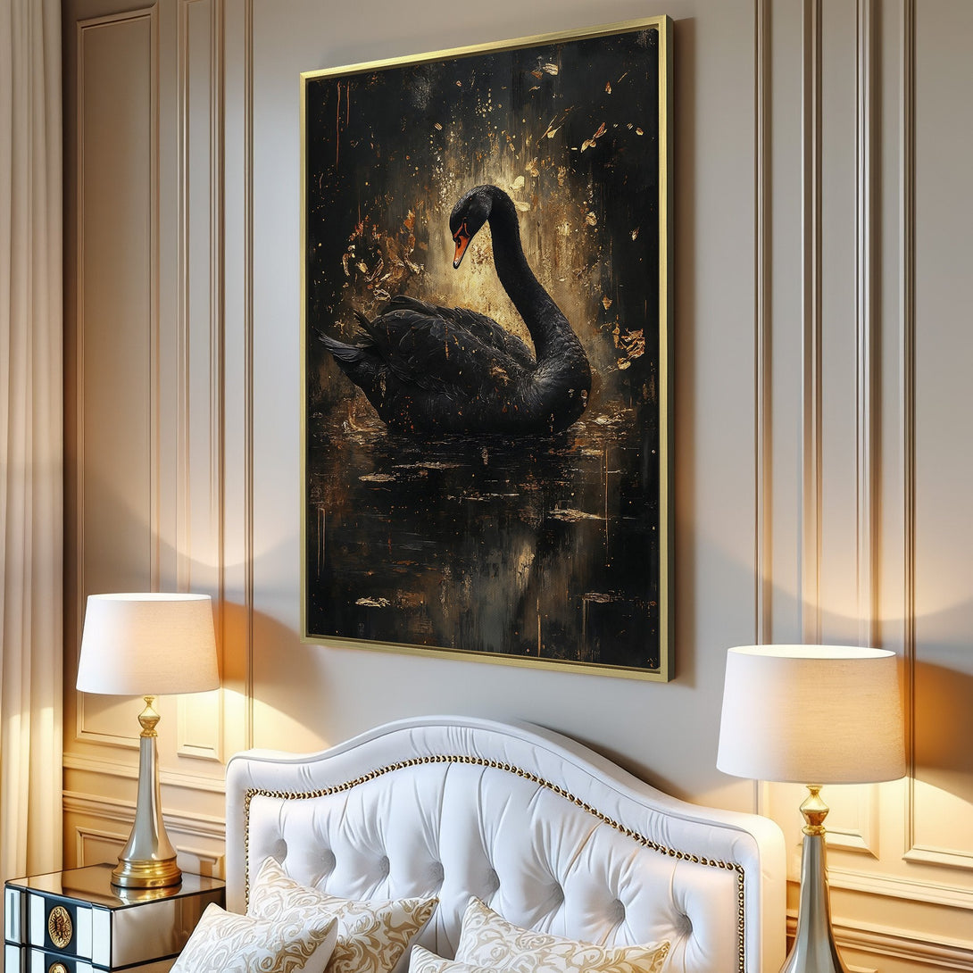 Canvas Print featuring a majestic black swan in a dark, artistic style. Elegant wall art with a rich, gold and black color palette.