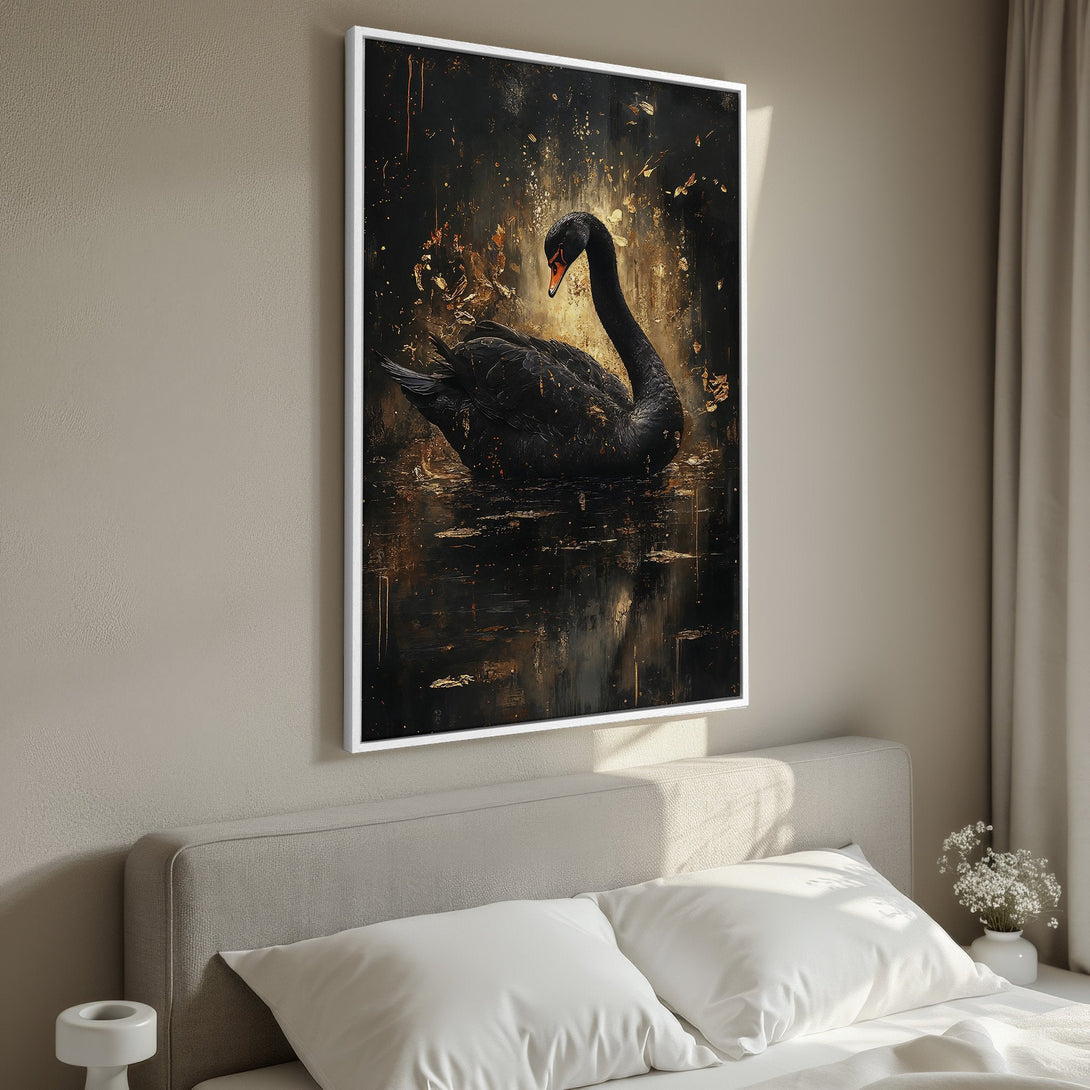 Framed Wall Art: Elegant black swan painting in a dark, gold-toned abstract style. Perfect for adding a touch of luxury to your bedroom decor.
