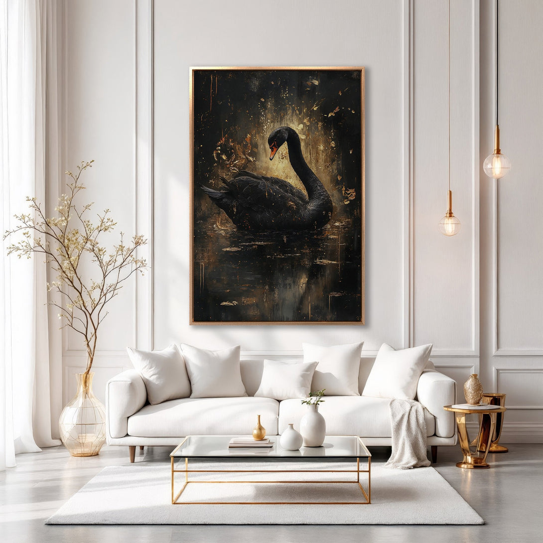 Framed Wall Art: Elegant black swan painting in a gold frame, displayed in a modern living room. Features a dark, moody palette with gold accents.