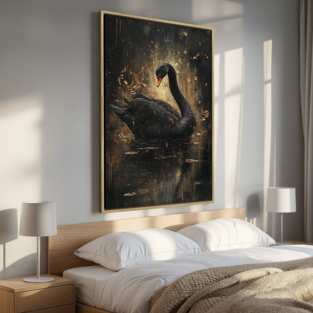 Framed Wall Art: Elegant black swan painting with gold accents. Dramatic, dark color palette. Perfect for bedroom decor. Shop now for stunning wall art!
