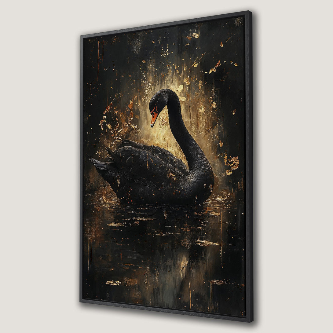 Framed Wall Art: Majestic black swan painting in a dark, moody style with gold accents. Perfect for adding elegance to your home decor.