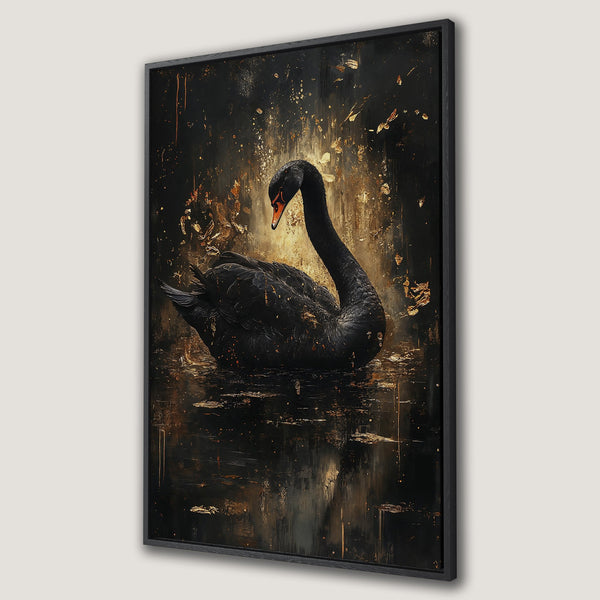 Framed Wall Art: Majestic black swan painting in a dark, moody style with gold accents. Perfect for adding elegance to your home decor.