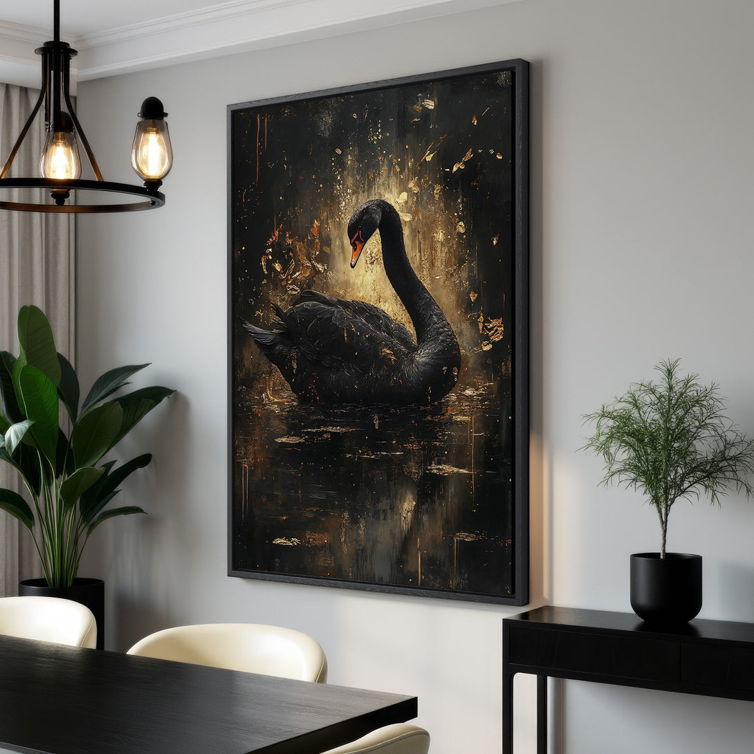 Framed Wall Art featuring a majestic black swan in a dark, abstract style with gold accents. A stunning canvas print for modern home decor.