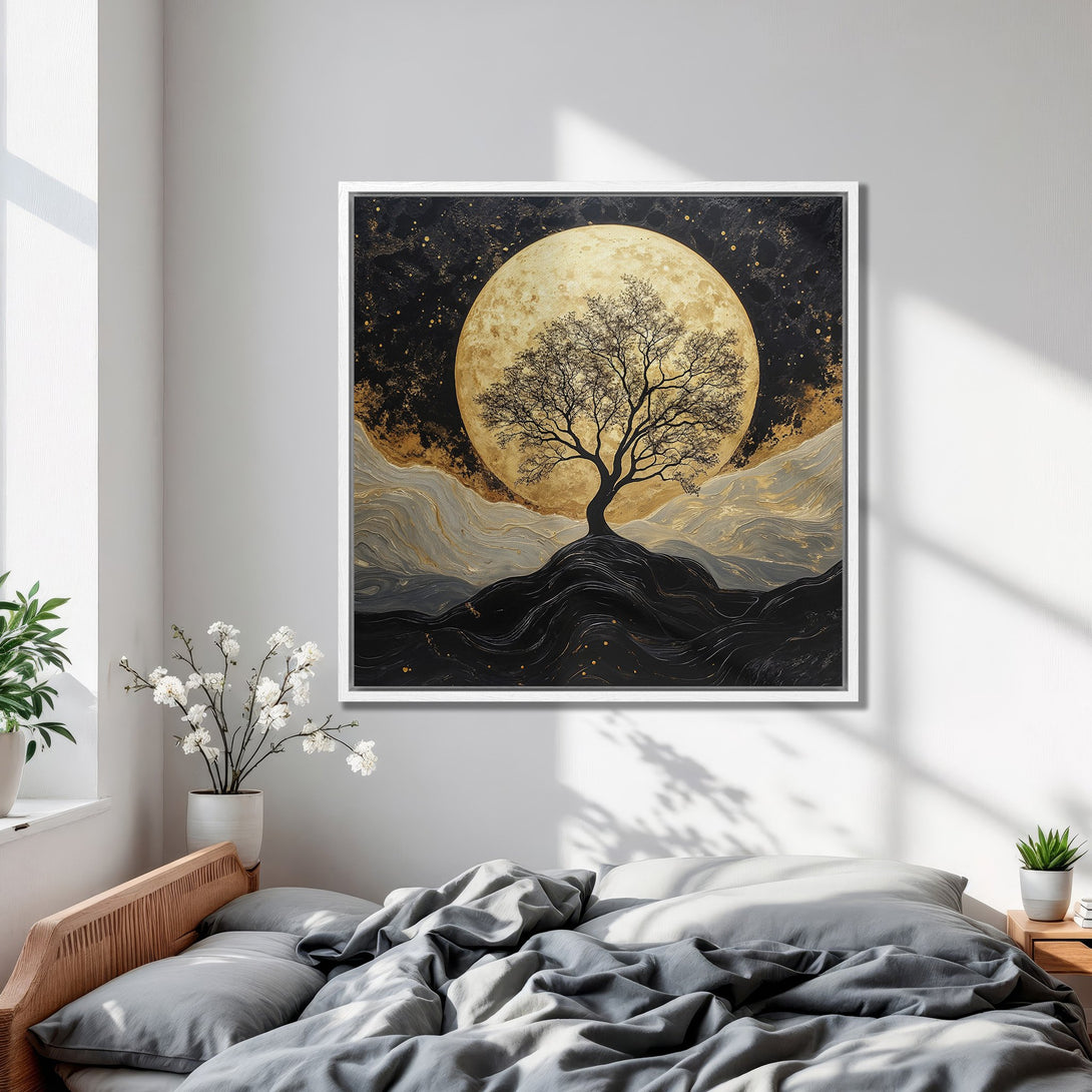 Framed Wall Art: Abstract tree against a moon, gold, black, and gray tones. Modern art for bedroom decor. Elevate your space with this canvas print.