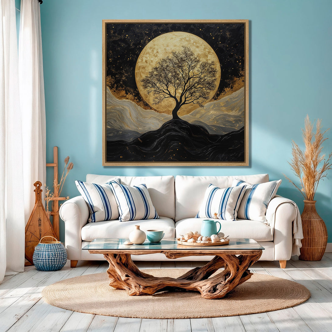 Framed Wall Art: Abstract tree silhouette against a golden moon. Earthy tones of black, gold, and gray create a serene, modern aesthetic. Ideal for home decor.