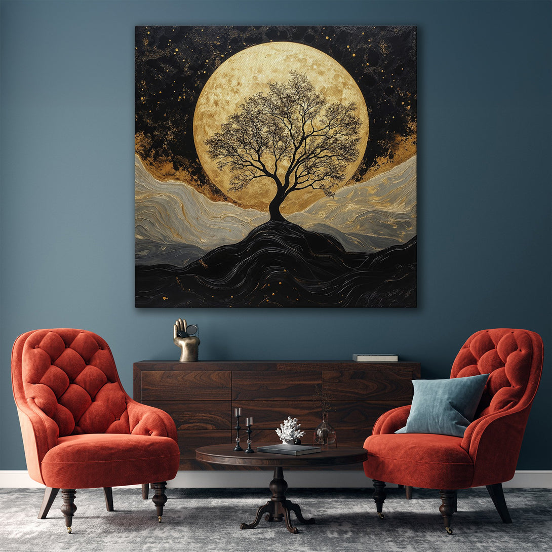 Framed Wall Art: Abstract tree silhouette against a moon, in a black, gold, and grey palette. Modern art for stylish home decor.