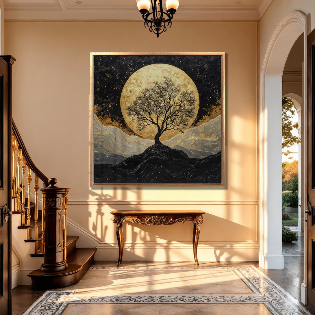 Framed Wall Art: Abstract tree against a moon, displayed in elegant interior. Gold, black, and neutral tones create a sophisticated aesthetic.