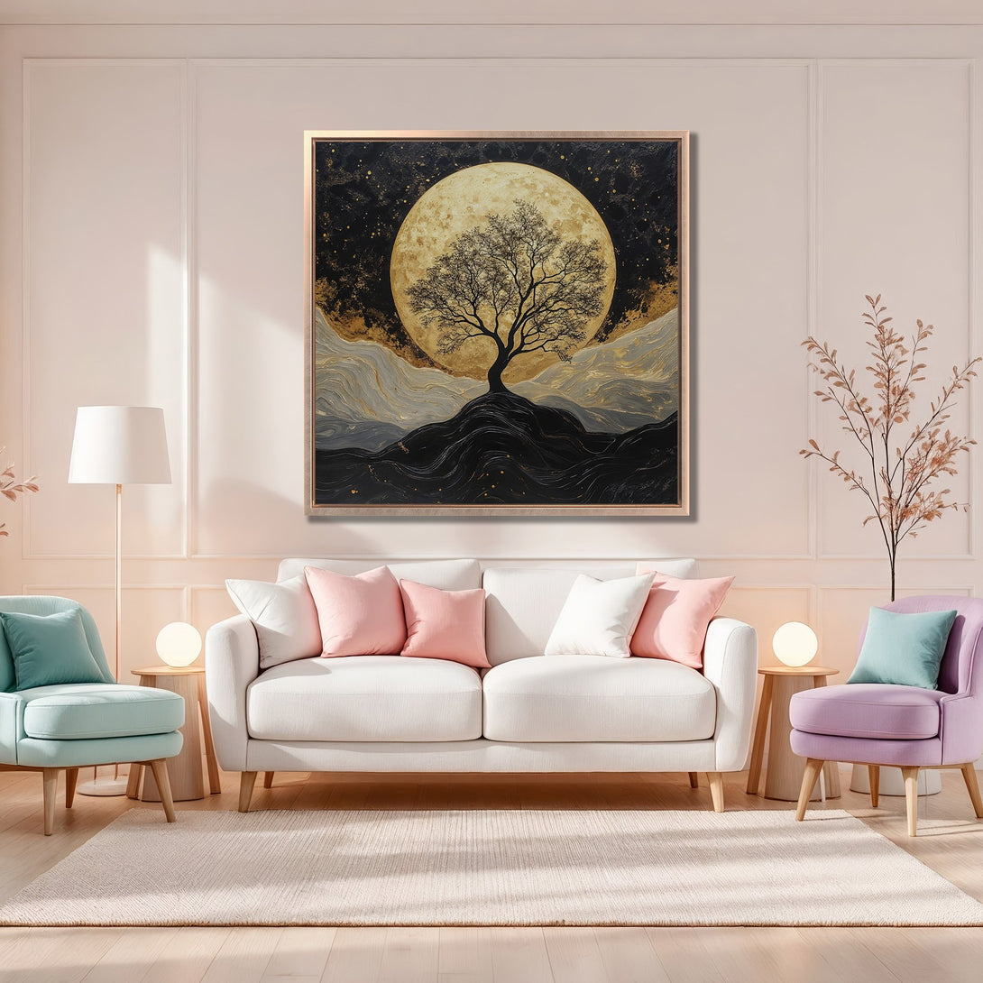 Framed Wall Art: Abstract tree art with gold, black, and gray tones. Modern canvas print adds a touch of elegance to any interior.