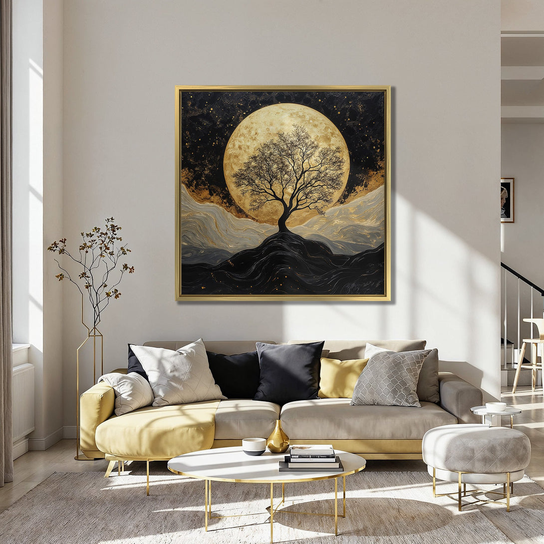 Canvas Print: Abstract tree art with a golden moon, displayed in a stylish interior. Earthy tones of black, gold, and teal create a serene ambiance.
