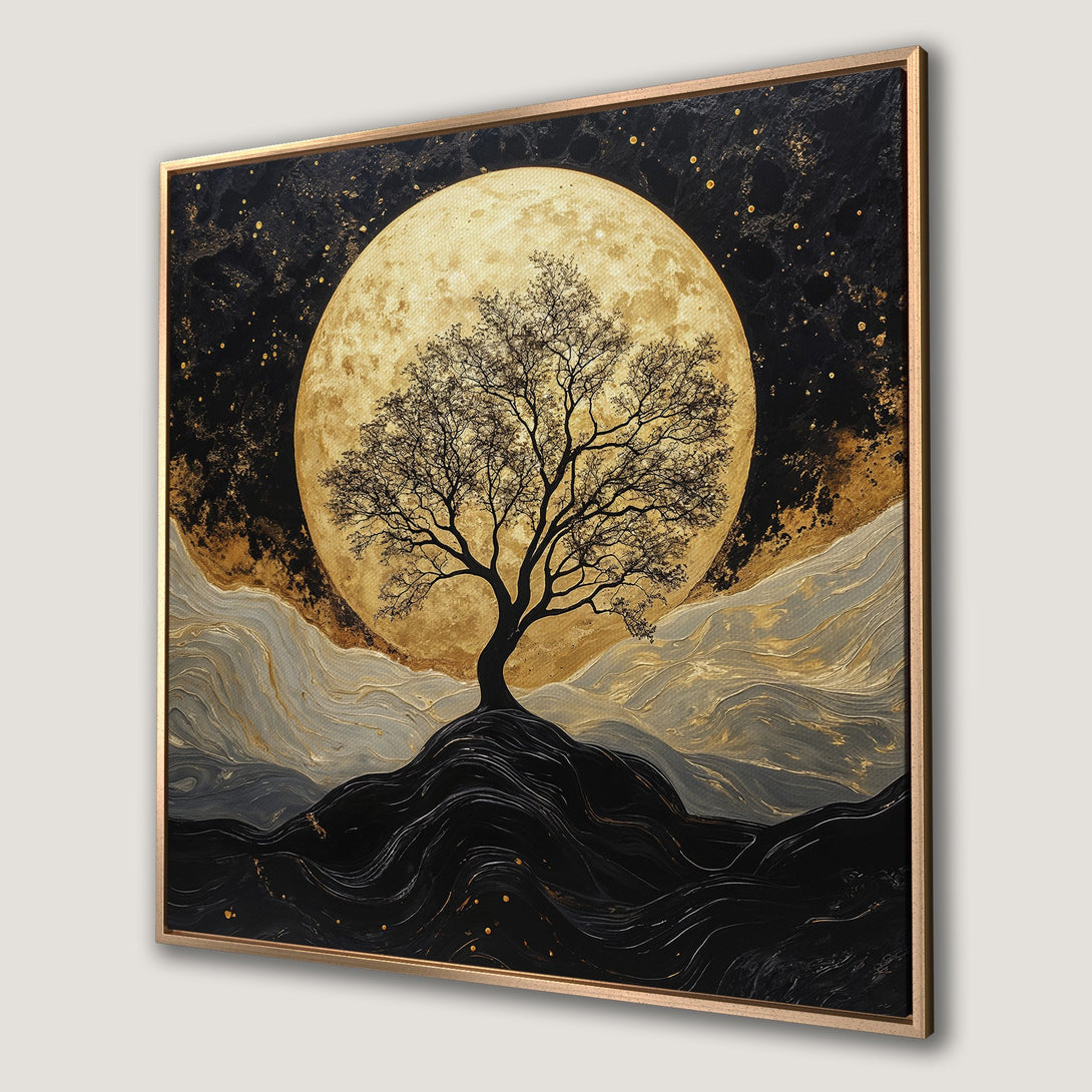Framed Wall Art: Abstract tree silhouette against a golden moon. Black, gold, and gray color palette. Modern art for home decor.