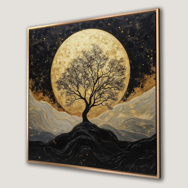 Framed Wall Art: Abstract tree silhouette against a golden moon. Black, gold, and gray color palette. Modern art for home decor.