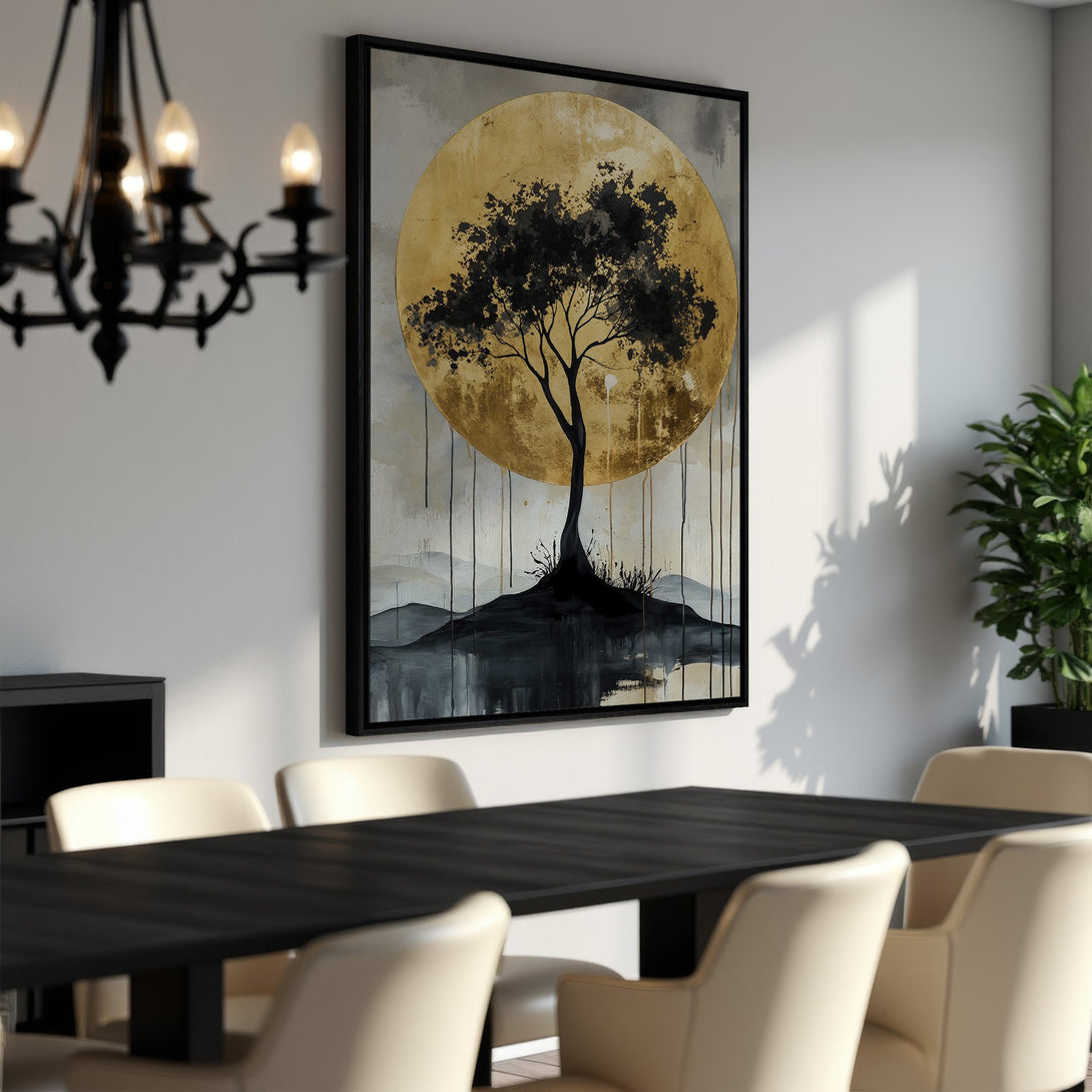 Framed Wall Art featuring an abstract tree against a golden sun. Modern, minimalist style with a neutral color palette, perfect for dining room decor.