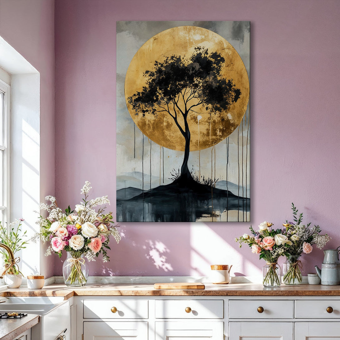 Framed Wall Art: Abstract tree art with gold and black tones. Modern canvas print adds elegance to any interior, featuring a neutral color palette.