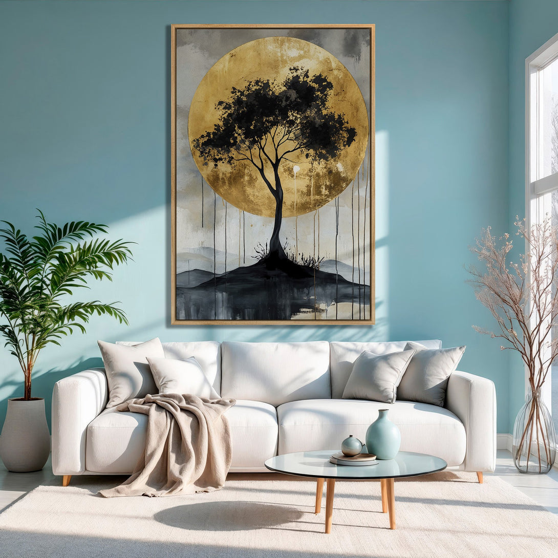 Framed Wall Art featuring a black tree against a gold backdrop. Modern abstract style, with a neutral and blue color palette. Perfect for living room decor.