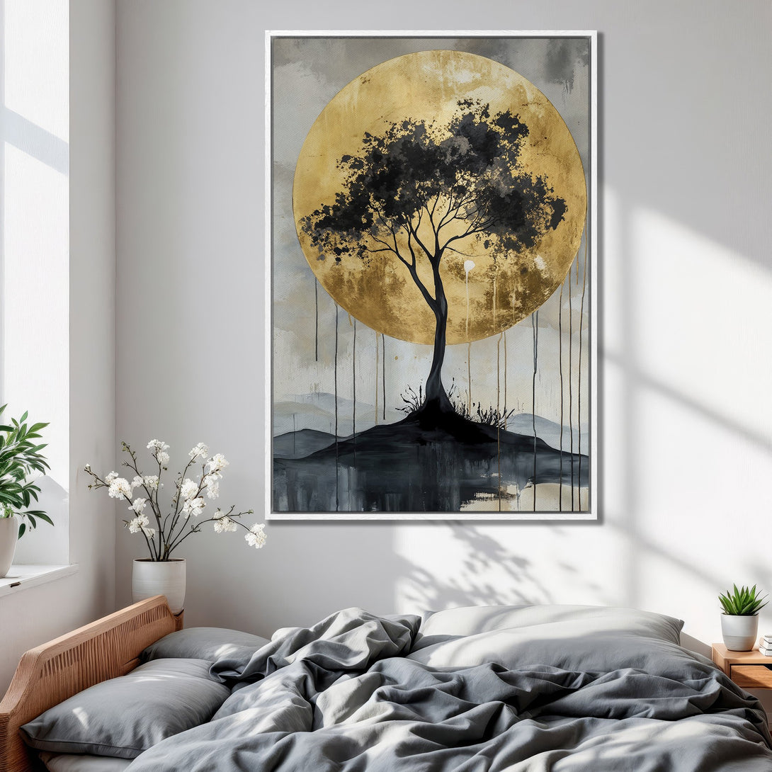 Framed Wall Art: Abstract tree art in gold, black, and gray. Modern canvas print in a bedroom setting. Elevate your space with this unique artwork.