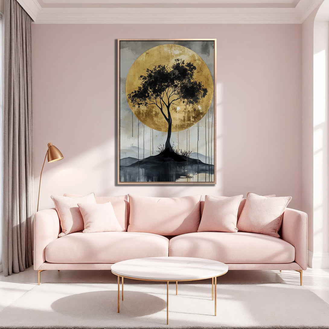 Framed Wall Art: Abstract tree art in gold, black, and gray. Modern canvas print adds elegance to a pink living room. Shop now for stylish home decor!