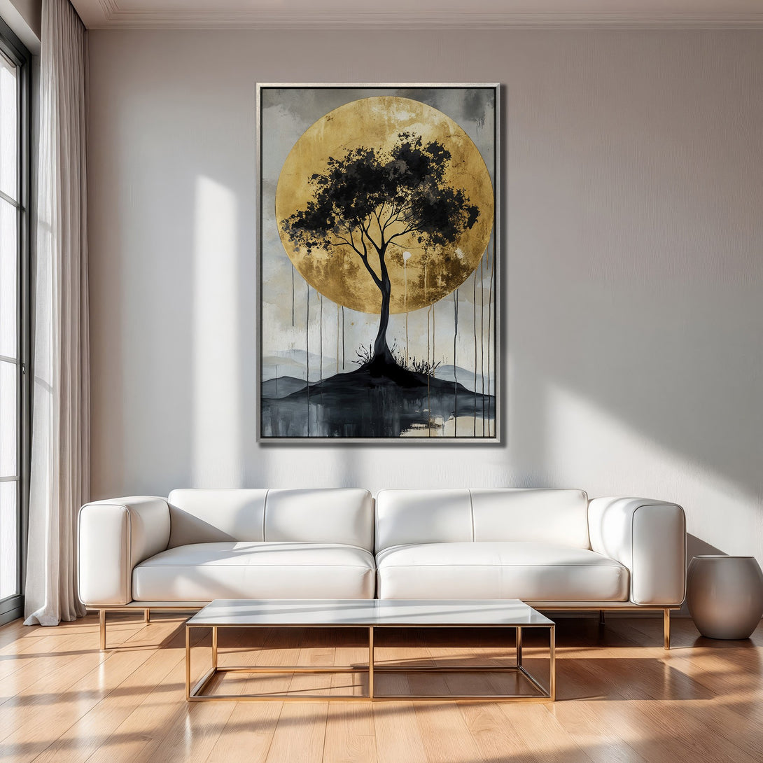 Framed Wall Art: Abstract tree art in gold and black, perfect for modern decor. Enhance your living room with this stylish canvas print.