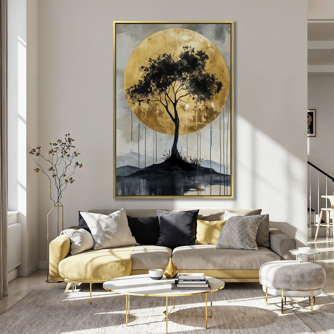 Abstract Canvas Print of a tree against a golden sun. Modern art with a moody, neutral color palette, perfect for adding style to any space.