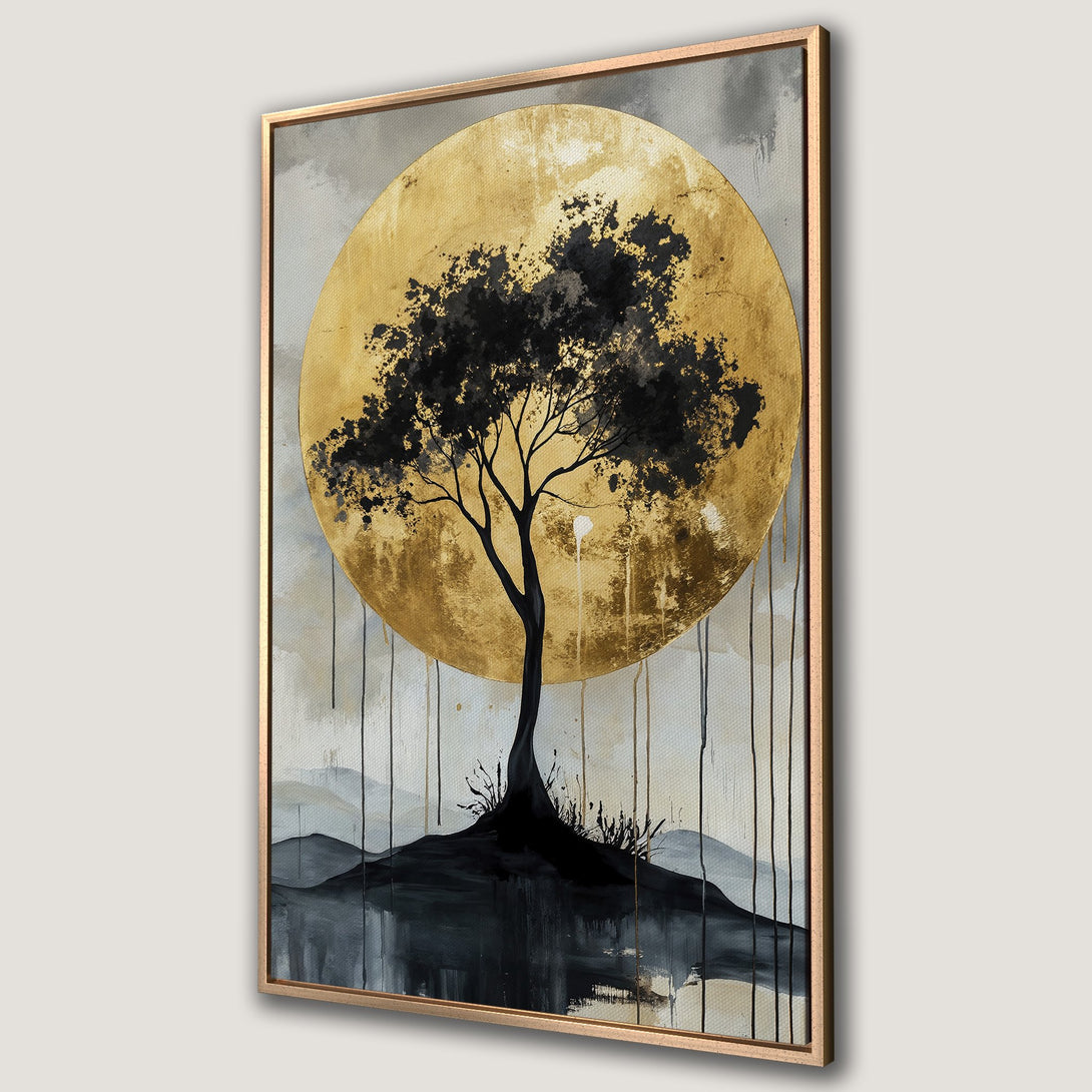 Framed Wall Art featuring a black tree against a golden sun. Modern abstract style with a neutral color palette of gold, black, and gray. Perfect wall decor.