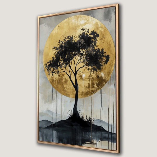 Framed Wall Art featuring a black tree against a golden sun. Modern abstract style with a neutral color palette of gold, black, and gray. Perfect wall decor.