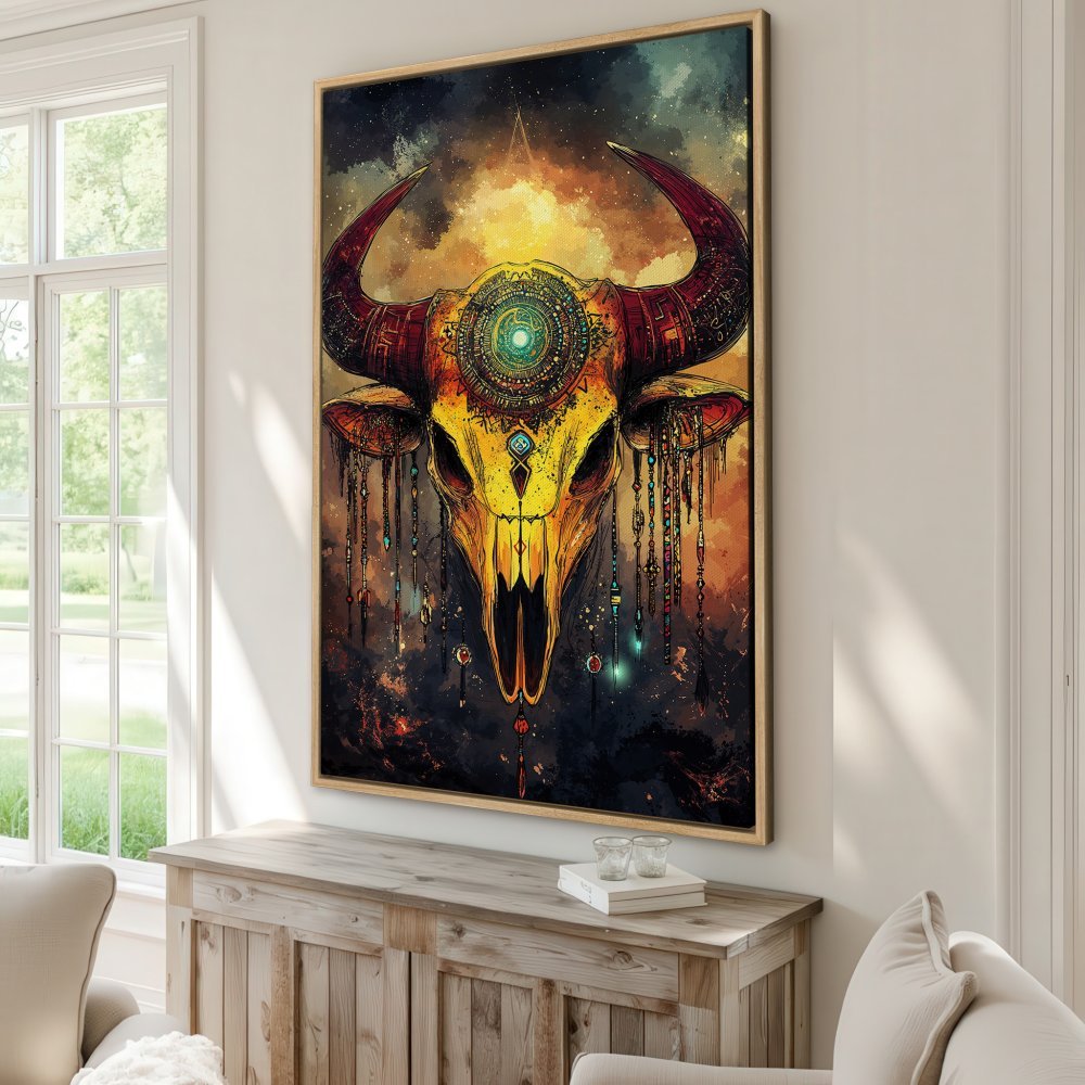 Framed Wall Art: Abstract bull skull in warm yellow, orange, and brown tones. Boho style Canvas Print adds a unique touch to any room.