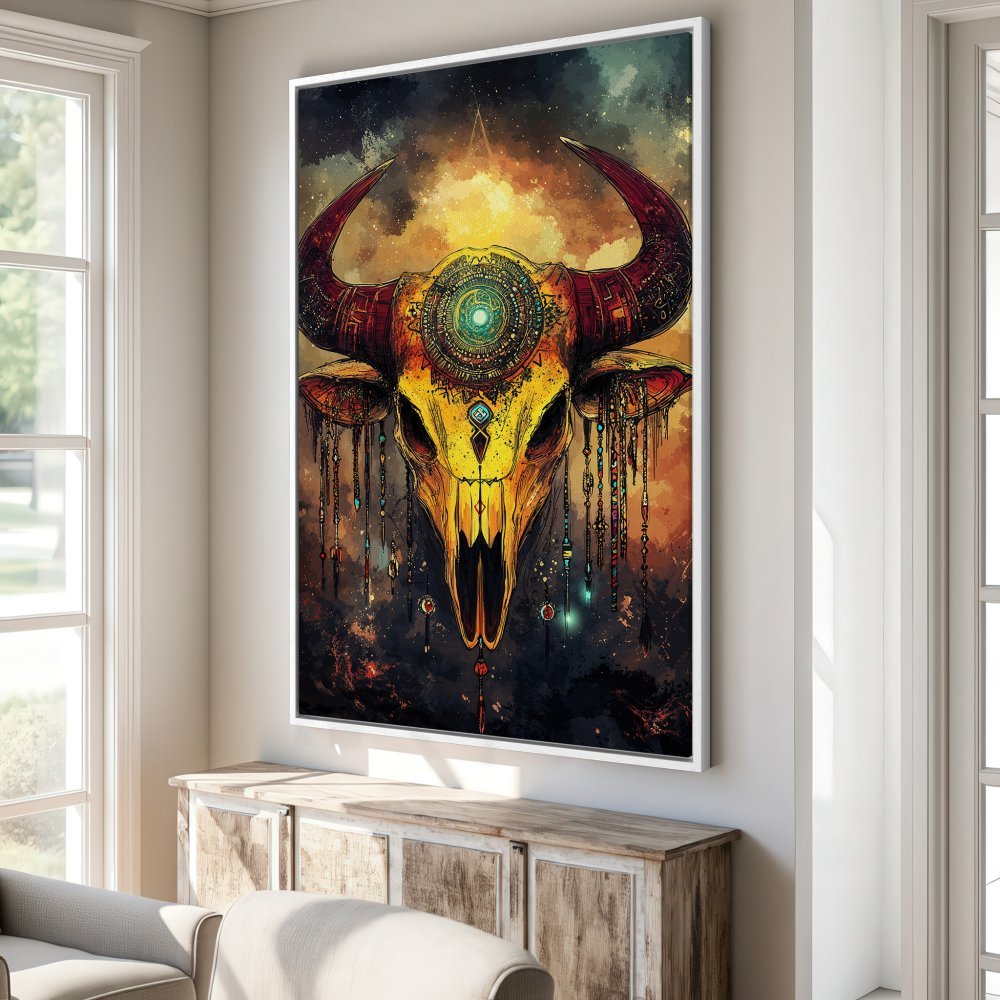 Framed Wall Art: Stunning bull skull canvas print in warm, earthy tones. Perfect boho decor for your living room or bedroom. Shop now!