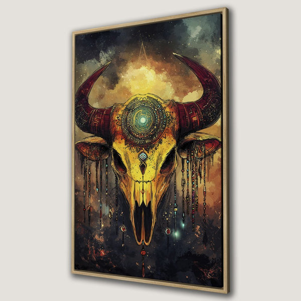 Framed Wall Art: Stunning bull skull art print in warm gold, red, and brown tones. Bohemian style Canvas Print for unique home decor.