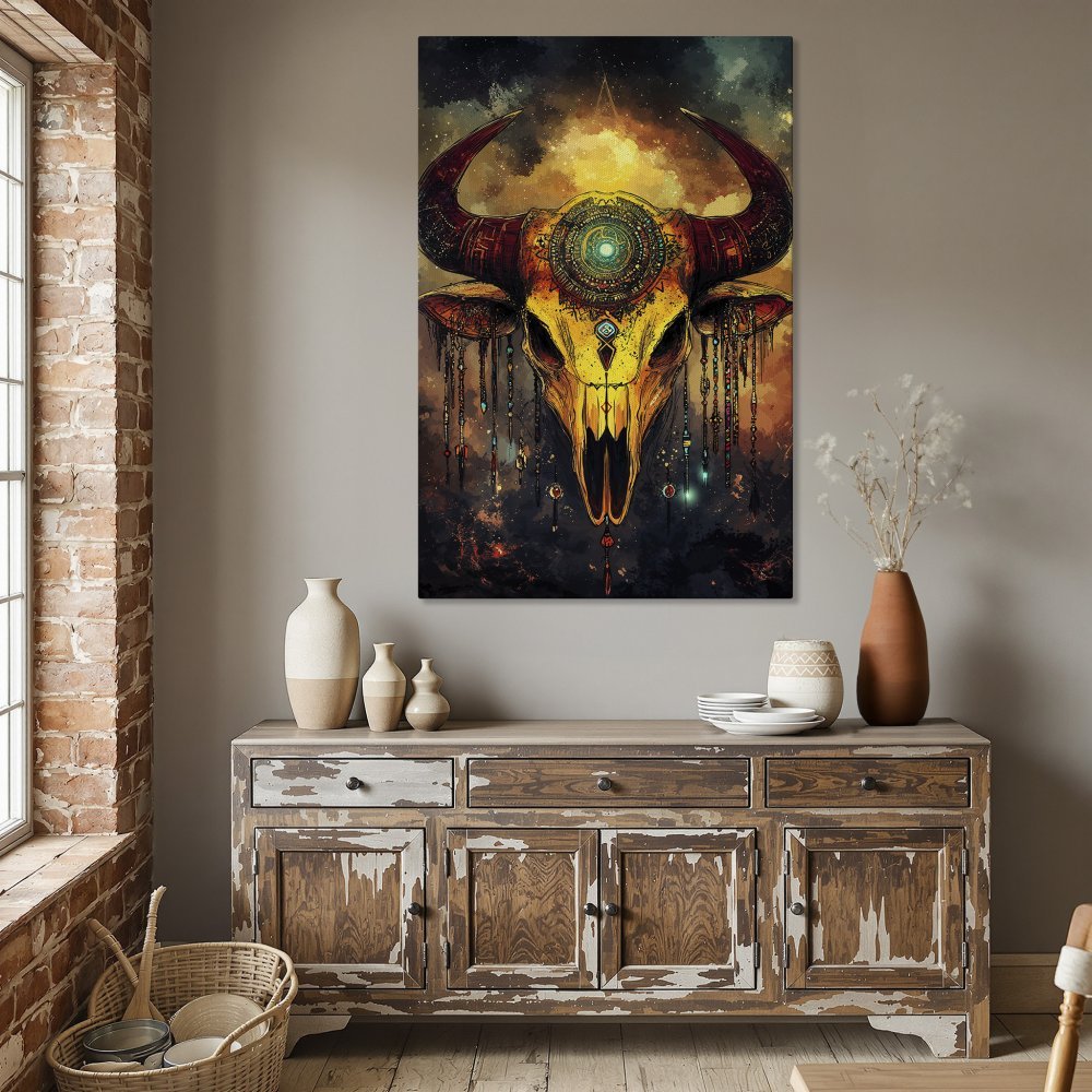 Framed Wall Art: Stunning bull skull canvas print with vibrant gold, red, and teal hues. Perfect for adding a touch of boho style to your home decor.
