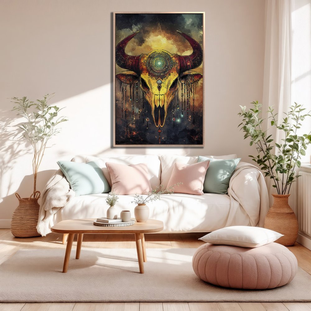 Framed Wall Art: Stunning bull skull canvas print in warm gold and brown tones. Boho style art perfect for living room decor.