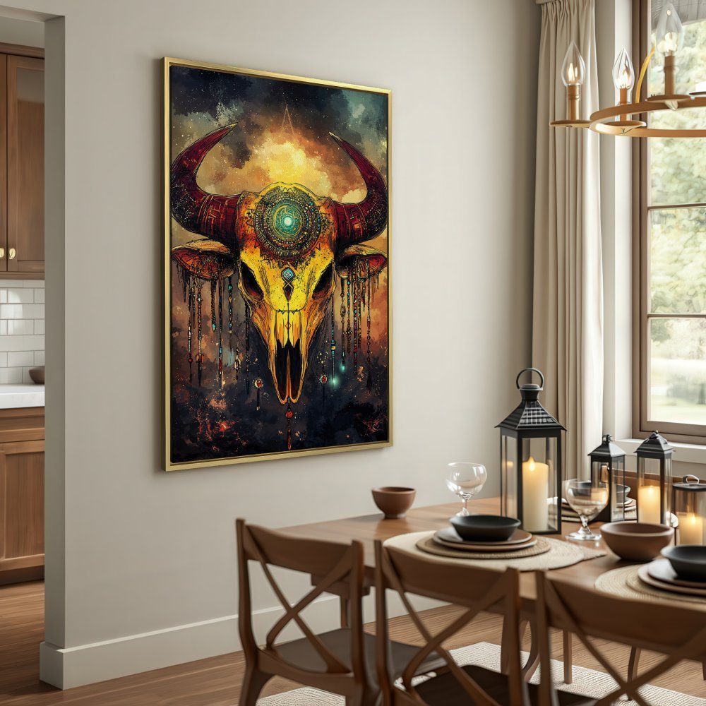 Canvas Print: Mystical bull skull art in warm gold, brown, and black tones. Add a touch of boho style to your space!