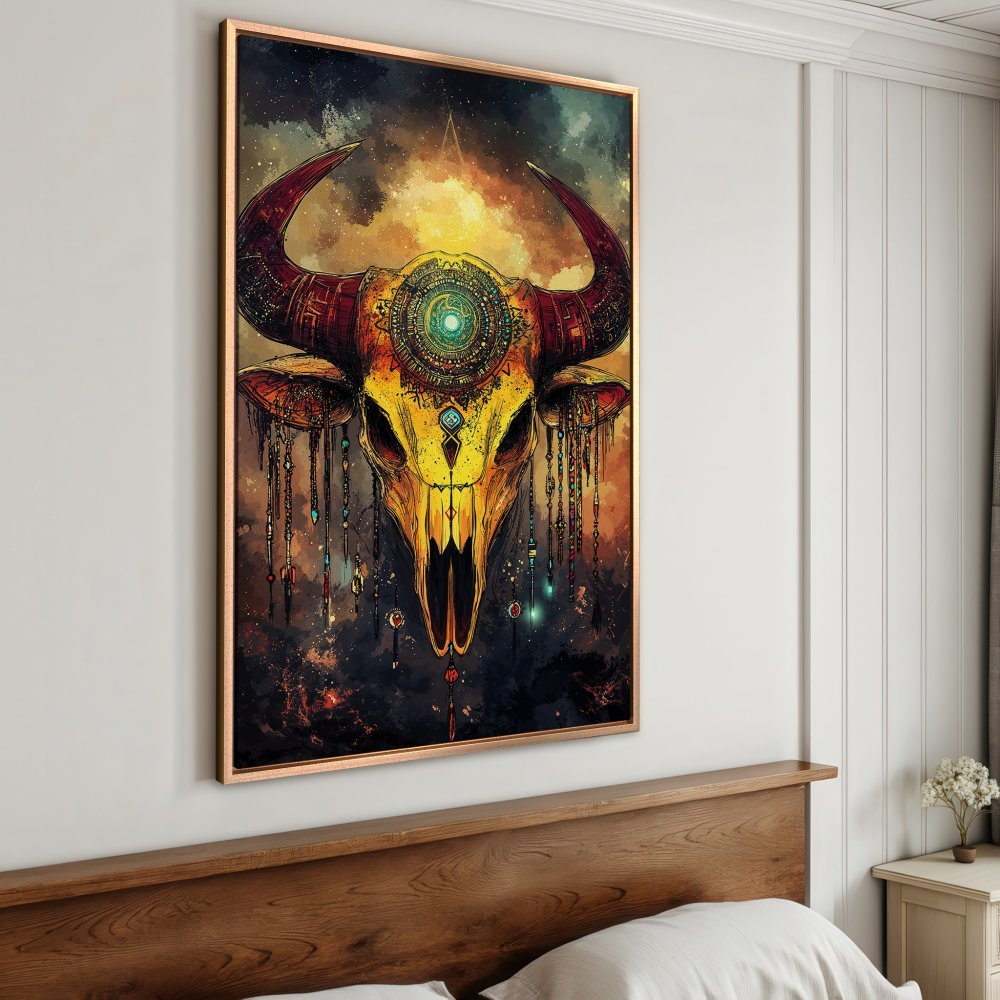 Framed Wall Art: Mystical bull skull canvas print in warm yellow, red, and dark tones. Boho style wall decor for a unique home.